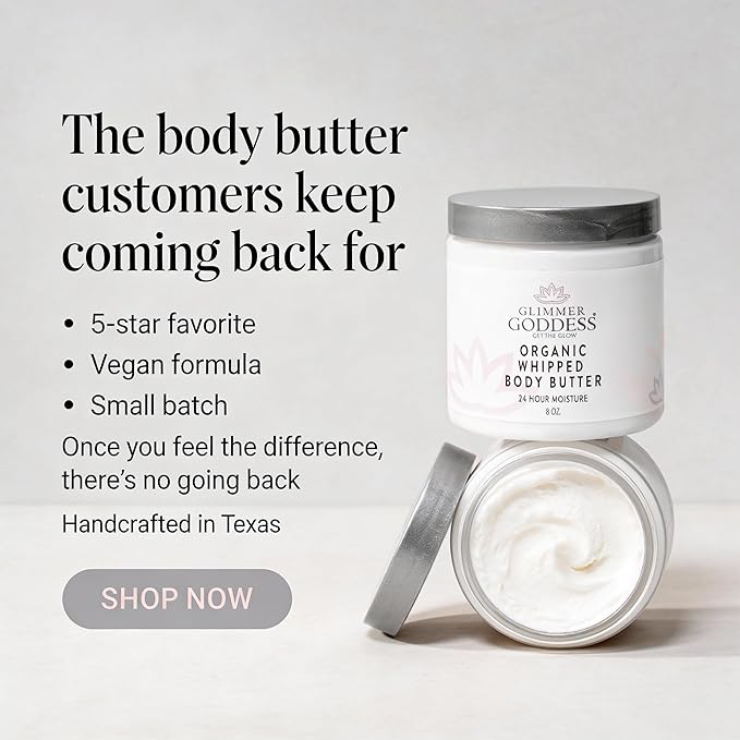 GLIMMER GODDESS Organic Whipped Body Butter for Women - Moisturizer Cream with Shea & Cocoa Butter, Almonds & Coconut Oil - Coconut, 8oz