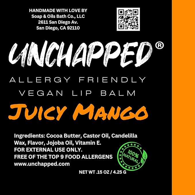 Vegan Lip Balm - All Natural and Free of Beeswax, Soy, Nut, and Top 9 Food Allergens (Mango)