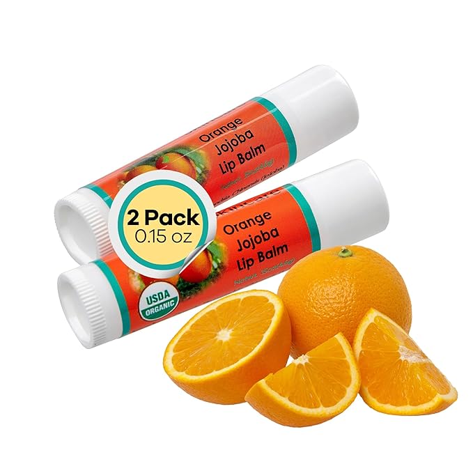 | USDA Organic Orange Lip Balm – 70% Jojoba Oil with Beeswax – Natural Orange Essential Oil – Nourishes & Softens Dry Lips – 2-Pack (0.15 oz / 4.6 g Each)