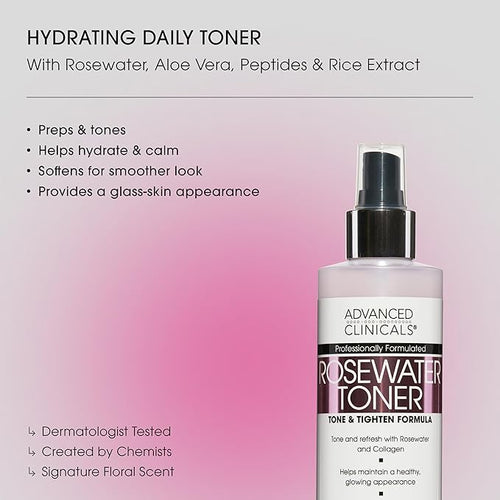 Advanced Clinicals Collagen + Rosewater Facial Mist Toner W/Charcoal & Aloe Vera. Alcohol-Free PH Balancing Formula Detoxifies & Hydrates Skin Improving Overall Skin Tone, Calming Face Mist, 8 Fl Oz