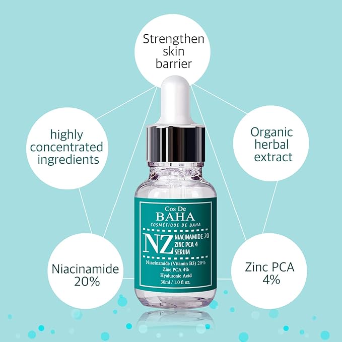 Cos De BAHA Niacinamide 20% + Zinc PCA 4% Serum 1 Fl Oz - Pore Reducer, Uneven Skin Tone Treatment, Diminishes Acne Prone, Skin Balancing Pore Reducing, Restores Elasticity (30 ml)