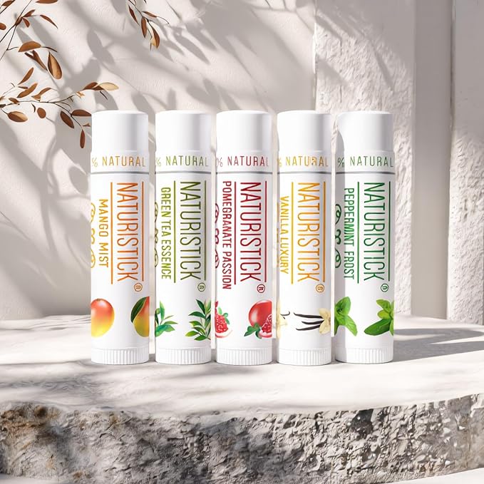 Naturistick Natural Beeswax Lip Balm 5-Pack | Assorted Flavors | Moisturizing Lip Care | 0.15 oz Tubes