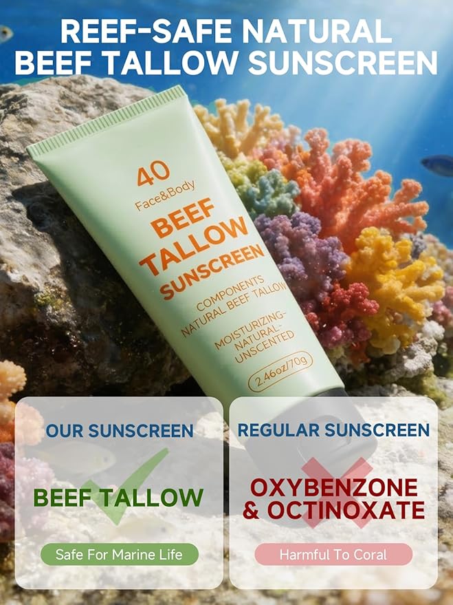 Sunscreen for Face, Beef Tallow for Skin, Reef Safe Travel Sunblock Grass-Fed Natural for All Skin Type Deep Hydration Moisturizing Non Greasy Anti White Cast, 2 Packs