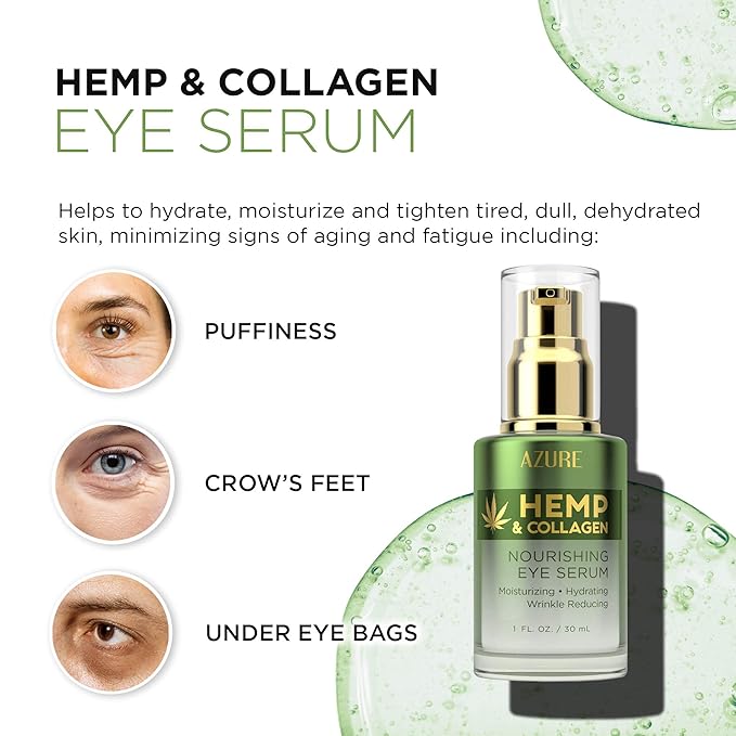 Azure Cosmetics Hemp & Collagen Nourishing Eye Serum - Moisturizing, Firming & Toning, Reduces Wrinkles, Fine Lines & Under Eye Bags, Restores Tired, Dehydrated Skin | Made in Korea - 30mL / 1 fl.oz.