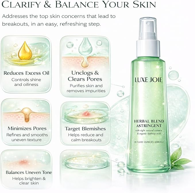 LuxeJoie Astringent Toner Spray – Witch Hazel & Willow Bark Facial Toner for Oily & Combination Skin – Botanical Pore Refining Toner Mist – Herbal Blend Astringent for Oil Control – 8 oz