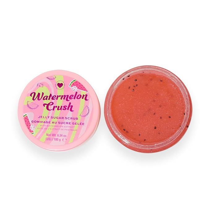 I Heart Revolution Watermelon Crush Sugar Scrub, Coconut Oil-Based Body Scrub, With Chia Seeds, Skin Exfoliator, Cruelty-Free & Vegan, 6.34 oz