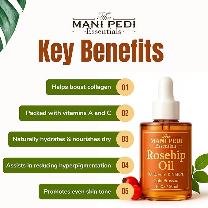 Rosehip Oil for Face. 100% Pure, Natural, Cold-Pressed & Organic. Natural wealth of vitamins that help nourish & hydrate your skin - 1 Fl Oz