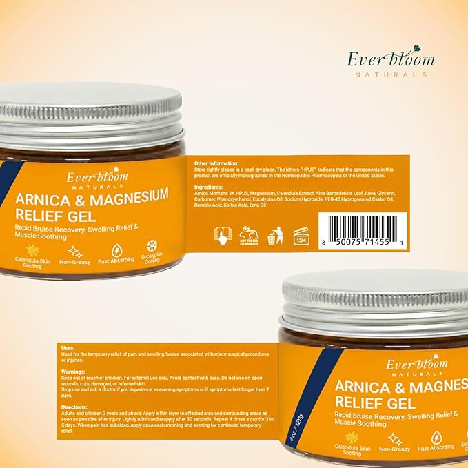 Arnica & Magnesium Calming Moisturizer Gel 4oz, Fast Recovery for Skin Bruising, Redness & Puffiness. Soothing Massage for Tension, Spasms & Thin Skin. With Emu Oil &E ucalyptus. Non-Greasy.