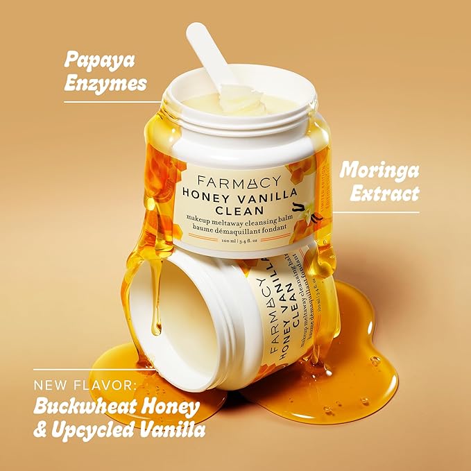 Farmacy Makeup Remover Cleansing Balm - Honey Vanilla Waterproof Makeup Remover Balm + Oil Cleanser for Face - Gently Melts Make Up + SPF - Hydrates + Softens Skin with Honey + Papaya (100ml)