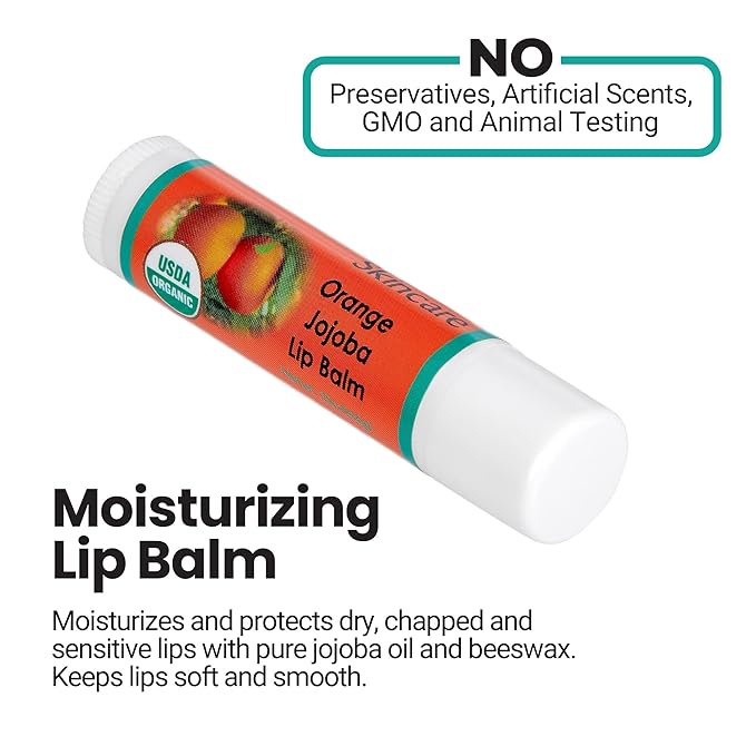 | USDA Organic Orange Lip Balm – 70% Jojoba Oil with Beeswax – Natural Orange Essential Oil – Nourishes & Softens Dry Lips – 2-Pack (0.15 oz / 4.6 g Each)