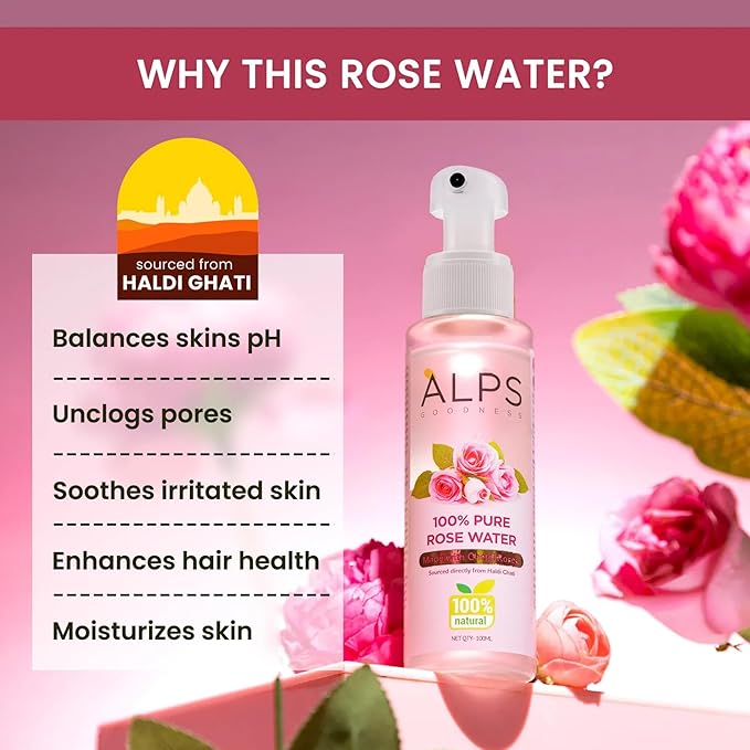 Alps Goodness 100% Pure Rose Water Facial Mist | Natural Face Toner & Hydrating Spray for Dry, Dull Skin | Refreshes, Soothes & Preps Skin | for All Skin Types | 3.38 Fl Oz (100ml)