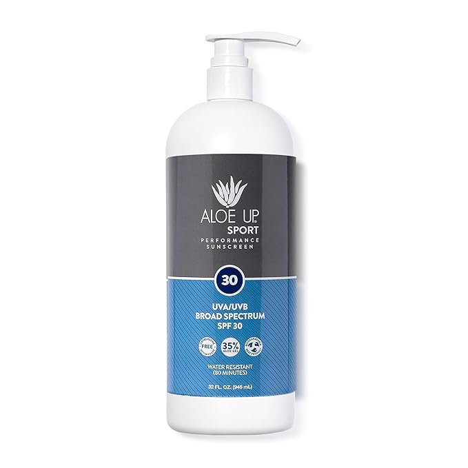 Aloe Up Sport Sunscreen Body Lotion SPF 30 – Broad Spectrum Sunblock with Hydrating Aloe Vera Gel–Non Greasy, No White Cast, Reef Friendly, Water Resistant for up to 80 Minutes,Fragrance Free – 32 Oz