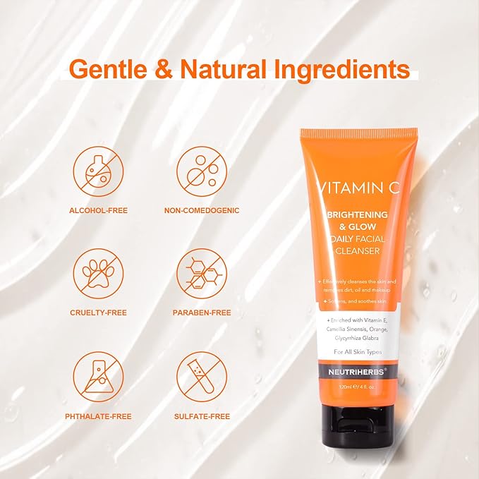 Neutriherbs Vitamin C Face Wash,Daily Facial Cleanser with Aloe & Hyaluronic Acid| Clean,Refresh,Brighten and Balance Complexion| For All Skin Type, 120ml 4 fl. oz