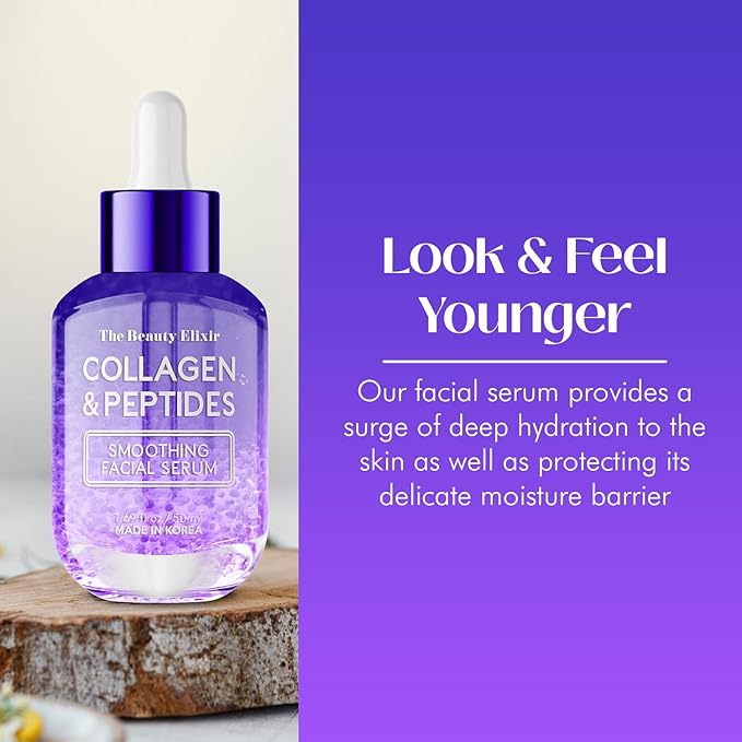 The Beauty Elixir Collagen & Peptides Serum For Face - Dermatologist Tested, Anti-Aging, Hydrating & Repairing Treatment for Fine Lines & Wrinkles - Clean Beauty, Cruelty-Free Korean Skincare - 1.69oz
