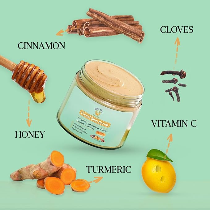 Glow-Rious Turmeric Face Scrub with Vitamin C & Honey - Gentle Exfoliating Facial Scrub for Skin & Even Tone - with Cinnamon & Clove - 100g/3.52oz