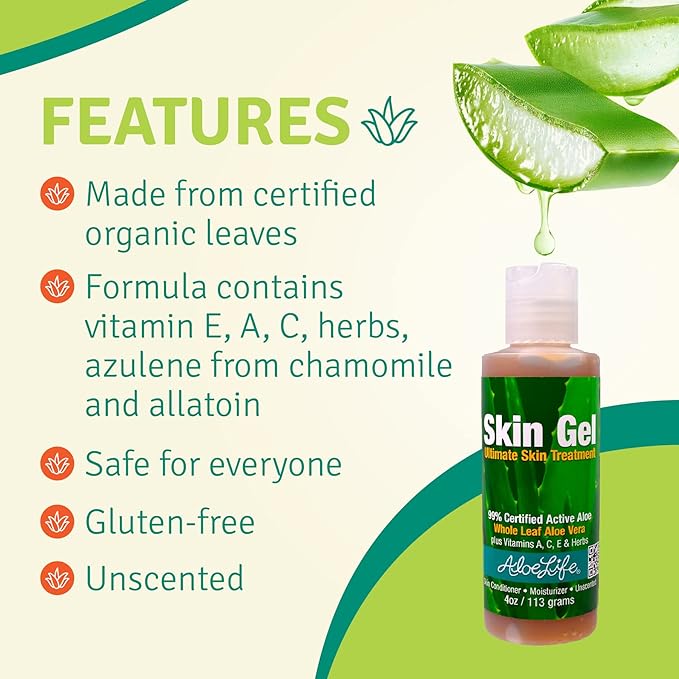 Aloe Life – Skin Gel & Herbs Ultimate Skin Treatment, 99% Certified Organic Whole Leaf Aloe Vera, Vitamins C, A, & E, Head-to-Toe Skin Care Support for the Whole Family, Fragrance-Free (4 oz)