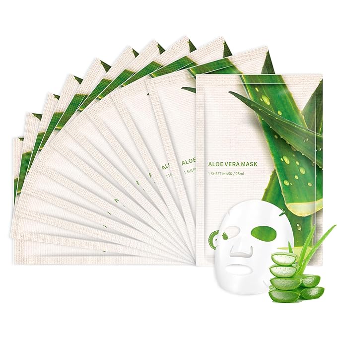 Aloe Vera Face Masks Sheet for Women,Moisturizes Facial Masks Oil Control,Hydrates, Soothes,Home Spa Facial Sheet Mask For All The Skin（12Pack）