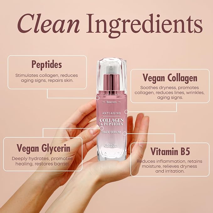 Serenity Collagen & Peptides Serum For Face - Dermatologist Tested, Anti Aging Korean Skin Care - Hydrates, Firms, Softens and Supports Skin Barrier - Vegan Cruelty-Free, Clean Beauty - 1.69 Fl Oz