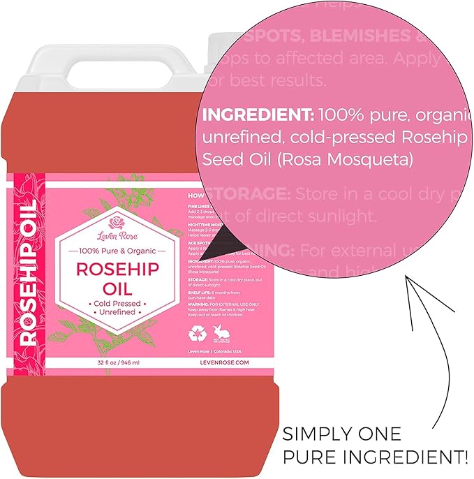 Leven Rose Rosehip Seed Oil 32 oz - Pure Cold Pressed Oil for Face, Body, Hair, Skin & Nails - Nighttime Moisturizer