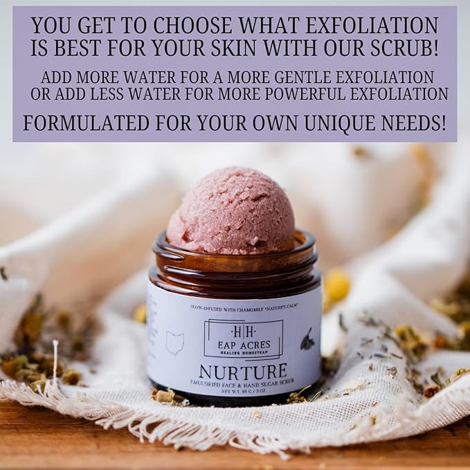 Emulsified Face Sugar Scrub, Organic squalane oil/Castor oil: infused Chamomile, Kokum Butter, Purple Clay, Colloidal Oatmeal, Manuka Honey-Gentle exfoliant: Dry/Sensitive/Acne-Prone (NURTURE)