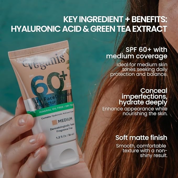 Sunscreen SPF 60 Medium Tone – Hyaluronic Acid & Green Tea – Tinted Face Sunscreen for Daily Use – Broad-Spectrum UVA/UVB & Blue Light Protection – Hydrating Dry-Touch Vegan Formula