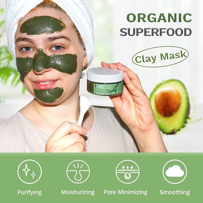 ANAI RUI Green Tea Face Mask with Avocado, Clay Facial Mask for Acne, Mud Mask for Face and Body, Face Cleansing Mask, Hydrating, Nourishing, Soothing, 120g/4.23 oz