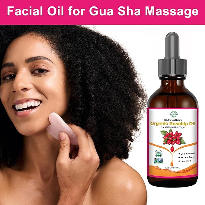 Organic Rosehip Seed Oil for Face, USDA Certified, Cold Pressed, Unrefined, 100% Pure Natural Rose Hip Oil for Anti-Aging, Acne Scar Treatment, Skin & Hair Care, Gua Sha Massage, 1 fl.oz / 30ml