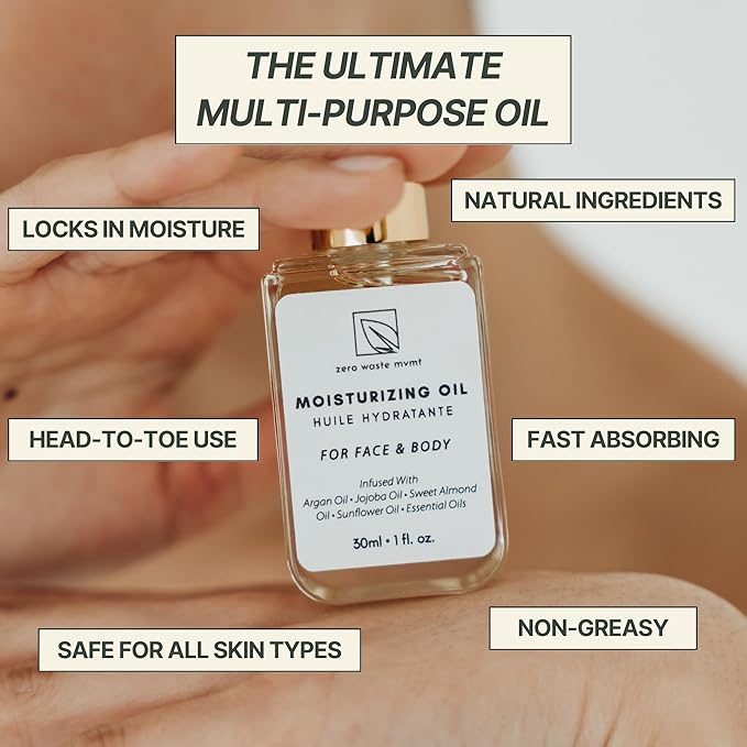 Moisturizing Oil for Face and Body – 100% Plant-Based, Vegan, and Cruelty-Free – Hydrating Blend with Argan, Jojoba, and Sweet Almond Oil – Plastic-Free Packaging – 30ml