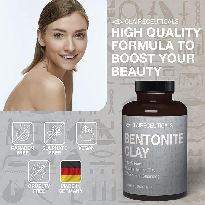 Bentonite 100% Pure Bentonite Clay - Indian Healing Clay Face Mask - Indian Clay Mask for Face, Calcium Bentonite Clay Powder, Bentonite Clay Mask - Indian Face Mask Skin Care, 16.9 Fl Oz
