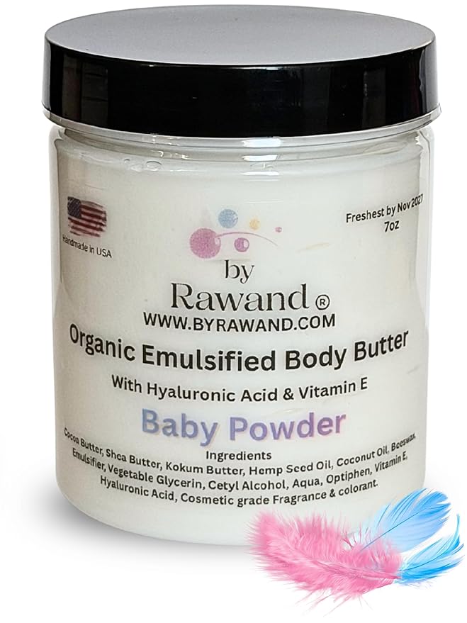 Handmade baby powder Body buttercream with Shea & Cocoa butter based with natural oils & Hyaluronic Acid - non greasy, moisturizing (White (Baby Powder))