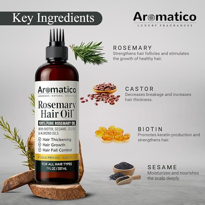 Aromatico 100% Pure Rosemary Oil for Hair Growth, Hair-fall Control & Hair Thickening. Enriched with Sesame, Jojoba & Almond Oils. Non-Sticky Texture. With Applicator Cap - 7 Fl Oz