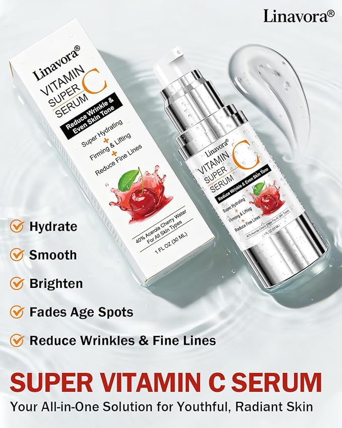 Super Vitamin C Serum for Face | Natural Anti-Aging Formula with Vitamin C, Hyaluronic Acid, Vitamin E & Caffeine - Firming Serum for Hydration, Wrinkle Reduction & Dark Spot Brightening - 1 Fl Oz