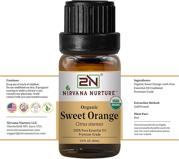 Sweet Orange Essential Oil, USDA Certified Organic, 100% Pure Undiluted, Aromatherapy Oil for Diffuser, Hair & Skin Care