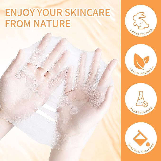 Face Masks Skincare, Pack of 5 Sheet Masks, Hydrating Facial Mask for All Skin Types, Long-lasting Moisturizing, Soothing, Even Skin Tone, Carrot