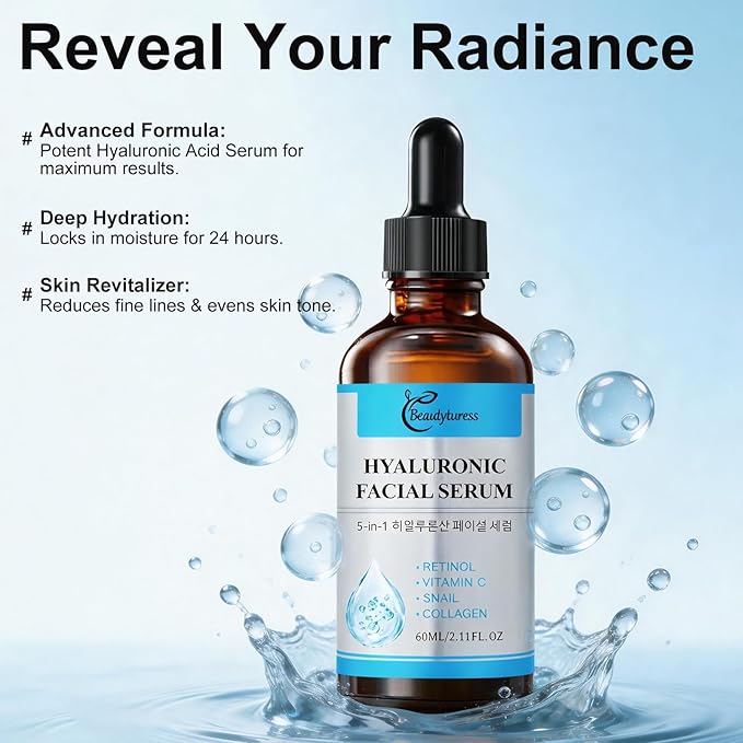 Hyaluronic Acid Facial Serum with Retinol, Vitamin C, Snail Mucin & Collagen-2 fl.oz-Intense Hydration & Balancing Essence -Age-Defying & Enhancing Formula-Daily Skin Care for a Plump, Dewy Complexion