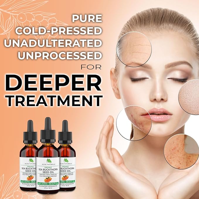 Jeune Naturelle Sea Buckthorn Oil Organic, From Fruit & Seeds, 100% Pure RAW Virgin Cold-Pressed Undiluted Unrefined, Fast Absorbing, Travel Size, Non-Comedogenic