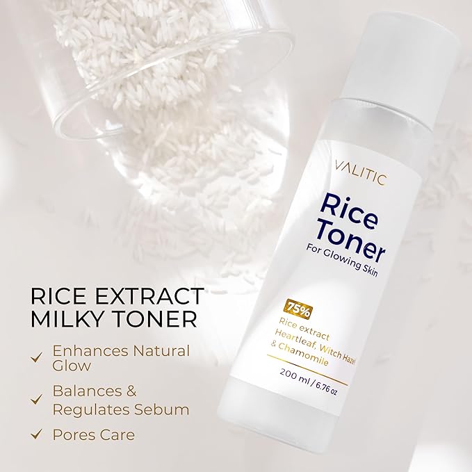 VALITIC Rice Toner - 75 Rice Extract Milky Toner for Face with Niacinamide, Heartleaf, Witch Hazel and Chamomile Essence - Facial Glass Skin Hydrating Skin Care - 200 ml, 6.76 fl oz