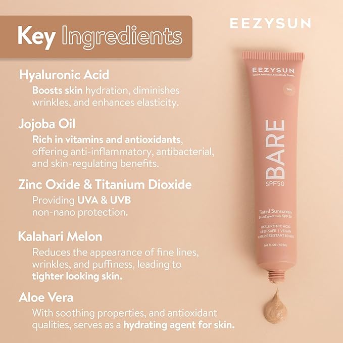 EEZYSUN BARE Tinted Sunscreen for Face SPF 50 - Non-Greasy, Weightless, Water-Resistant, Vegan & Reef-Safe Tinted Moisturizer with SPF, Hyaluronic Acid, Jojoba Oil - All Skin Types, 1.69 fl oz - Tan