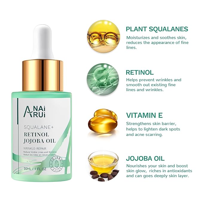 ANAI RUI Squalane Retinol Jojoba Oil Moisturizer for Face Hydrate, Nourish, Moisturize Fine Lines and Wrinkles, Wrinkle-Repair Facial Oil for Smoother, Supple Skin 1 fl. Oz
