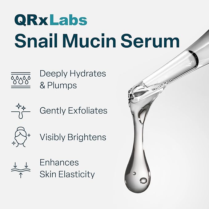 QRxLabs Snail Mucin Serum - Hydrates, Plumps & Brightens with Collagen for Firm, Radiant Skin - Gently Exfoliates for a Smooth Glow - 2 oz