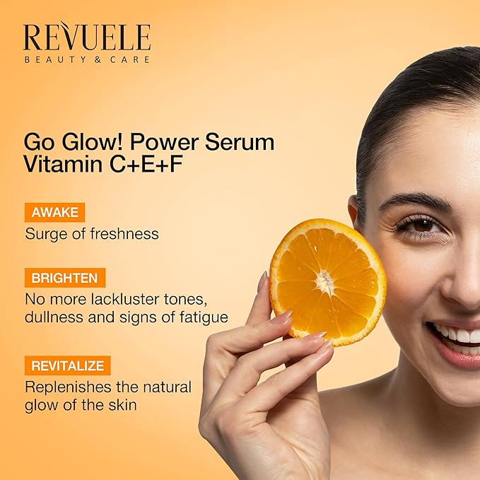 REVUELE Go Glow! Power Serum, 1 fl.oz – Vitamin C + E + F Antioxidant Face Serum for Brightening, Hydration & Even Skin Tone, Fast-Absorbing, Vegan & Cruelty-Free