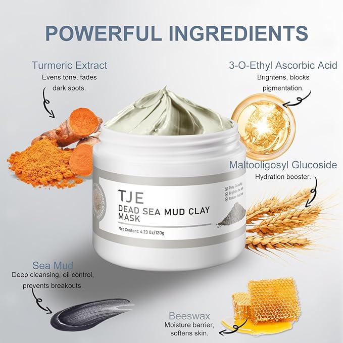 TJE Dead Sea Mud Mask, Deep Cleansing Facial Clay Mask for Acne, Blackheads, Minimize Pores, Moisturizing, Purifying Clay Masks for Dull & Tired Skin