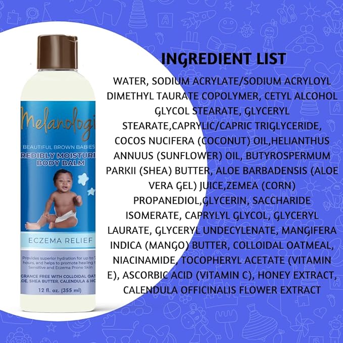Melanologie Incredibly Moisturizing Body Balm Eczema Relief with 3% Colloidal Oatmeal, Aloe, Shea Butter, Calendula, Vitamins C & E, Hypoallergenic, 12 fl. oz