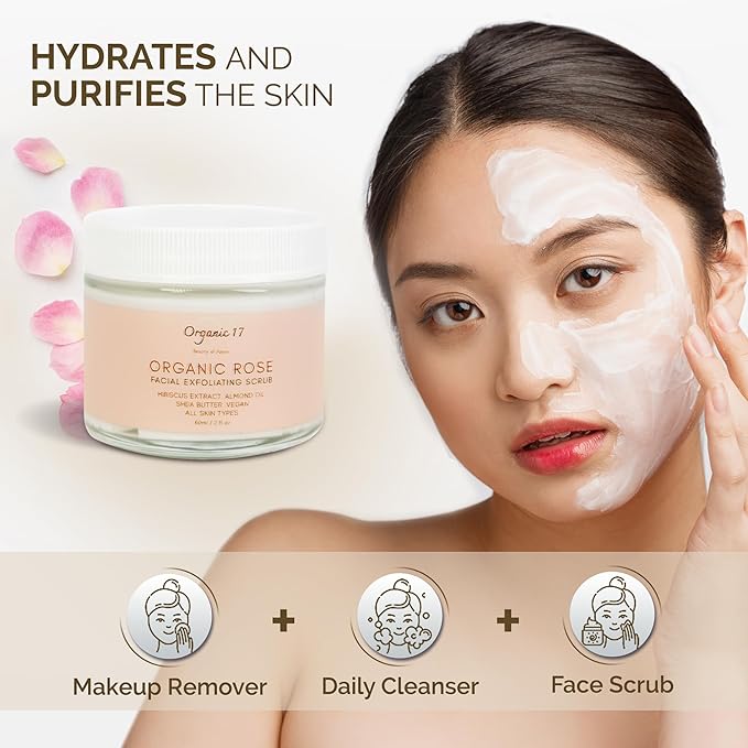Rose Face Scrub with Pumice – Gentle Vegan Exfoliator for Radiant Skin, Natural Facial Polish with Organic Rose Water & Shea Butter – 60ml