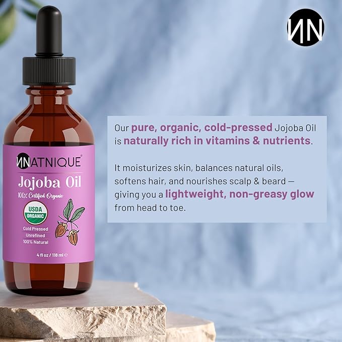 Natnique Organic Jojoba Oil – USDA Certified, Cold Pressed, Unrefined & Hexane-Free – Pure Moisturizer for Hair, Face, Skin, Beard, Scalp, Nails & Cuticles – Natural Care (4 Oz)