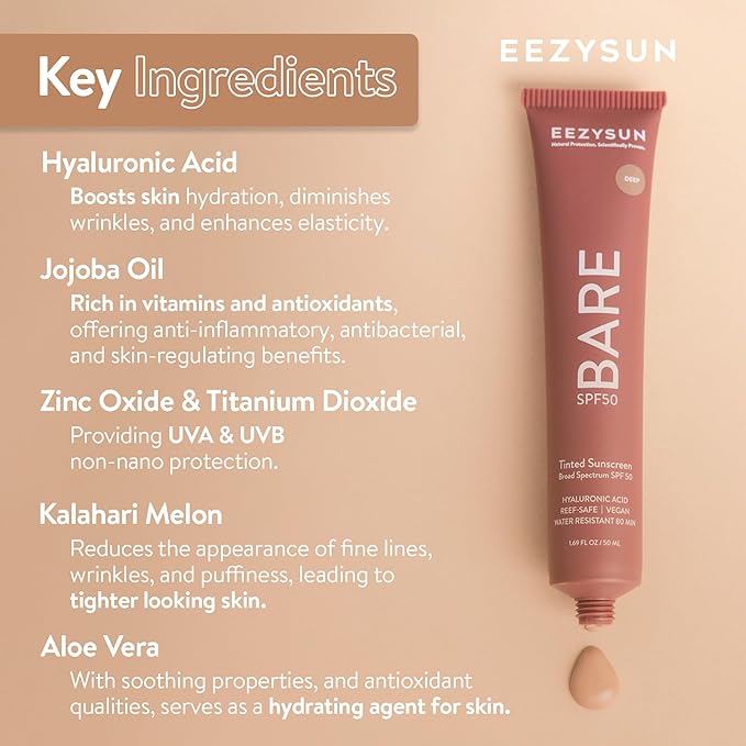 EEZYSUN BARE Tinted Sunscreen for Face SPF 50 - Non-Greasy, Weightless, Water-Resistant, Vegan & Reef-Safe Tinted Moisturizer with SPF, Hyaluronic Acid, Jojoba Oil - All Skin Types, 1.69 fl oz - Deep
