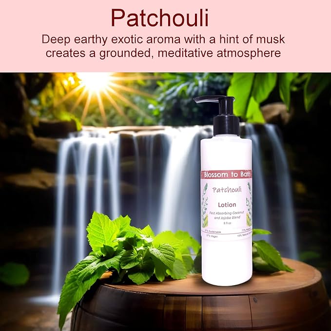 Blossom to Bath Patchouli Lotion (8 Ounce) - Pure Essential Oil Fragrance - Absorbs Quickly with a Woodsy Exotic Scent