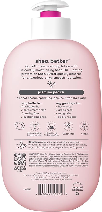 eos Shea Better Body Lotion Jasmine Peach, 24-Hour Moisture Skin Care, Lightweight & Non-Greasy, Natural Shea, Vegan, 16 fl oz
