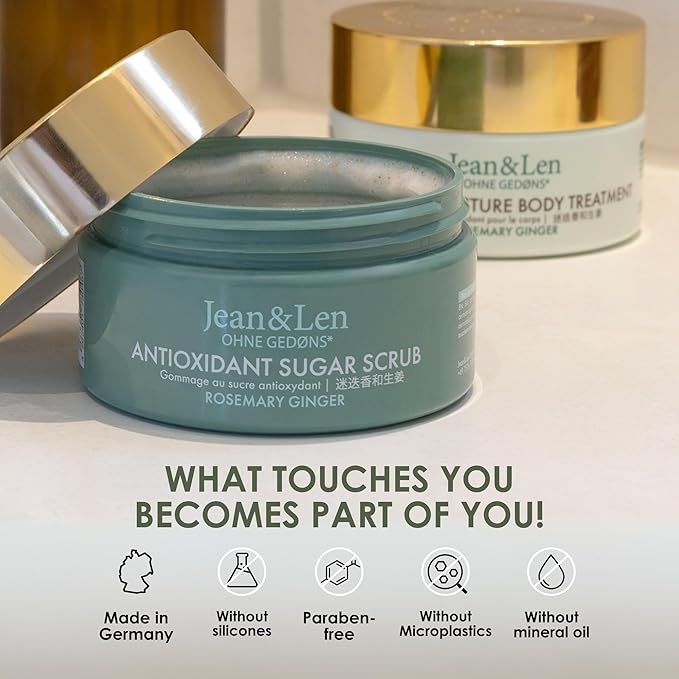 Jean & Len Antioxidant Salt Scrub Rosemary & Ginger, for a fragrant cleansing experience, with rich oils, minimalistic jar, salt scrub without parabens & silicones, 10.58 Fl. Oz.