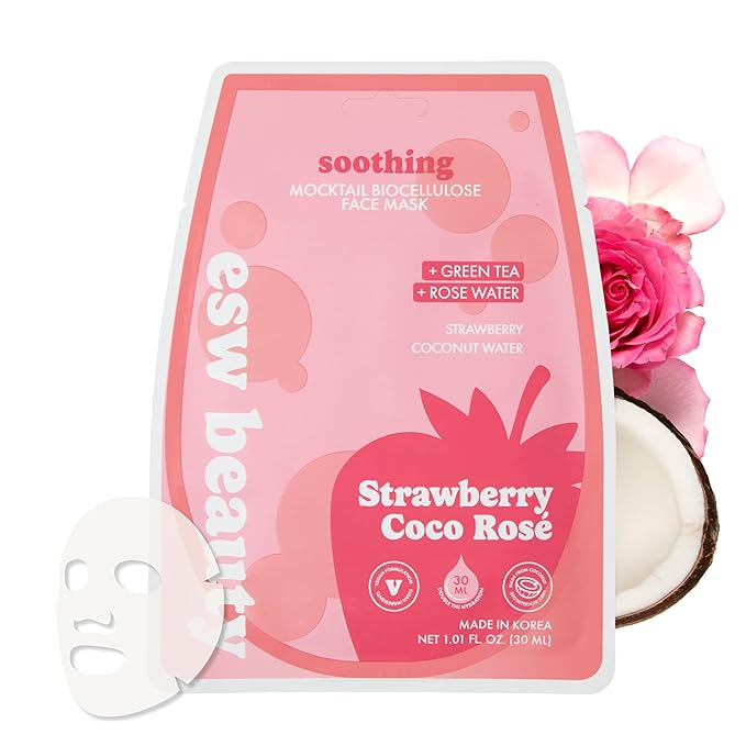 ESW Beauty Strawberry Coco Rosé Soothing Face Mask - Hydrating, Calming, Vegan Face Mask with Coconut Water, Green Tea, & Strawberry Extract for Sensitive Skin